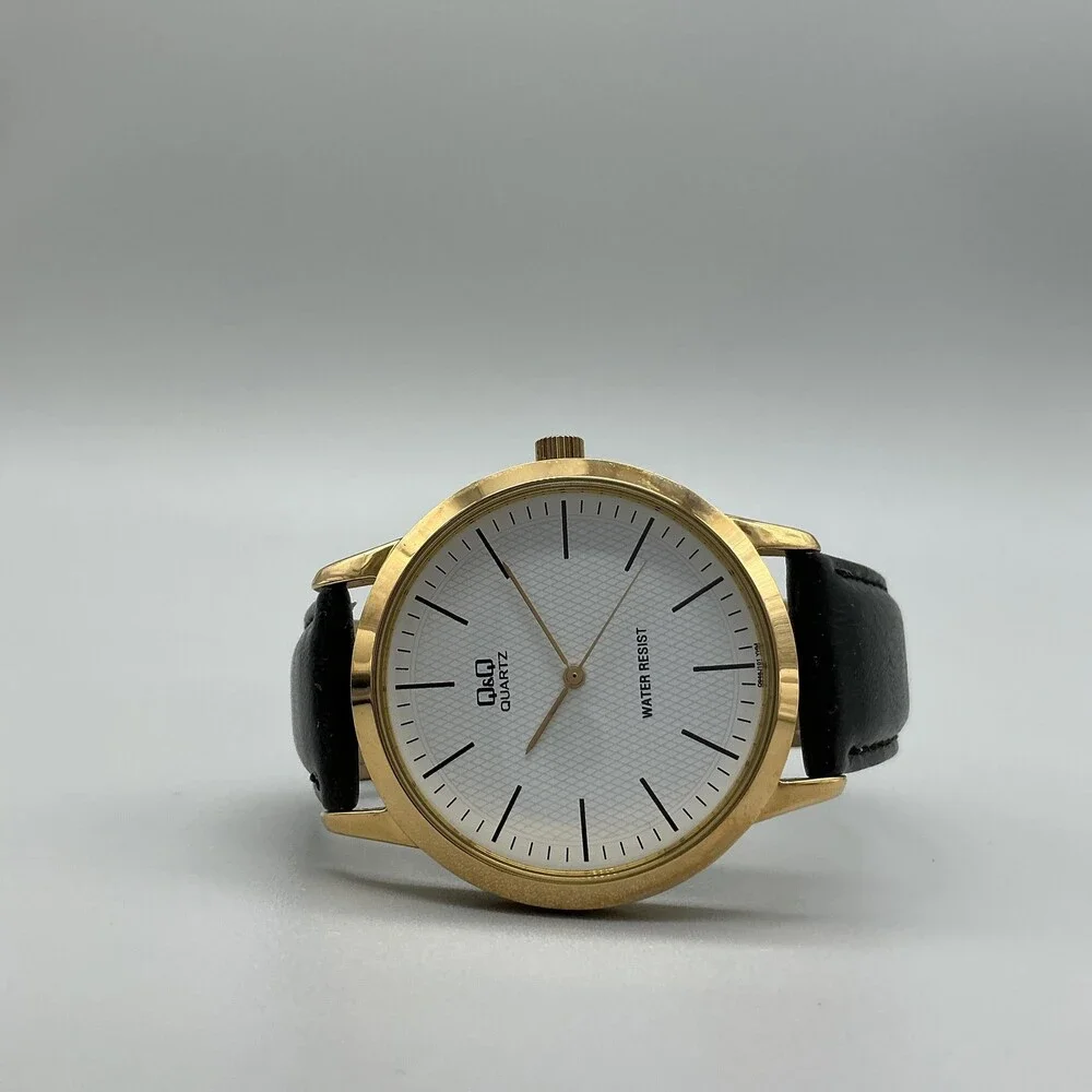 Q&Q Quartz Mens Watch 39mm Gold Tone Case Round Dial Black Band New Battery